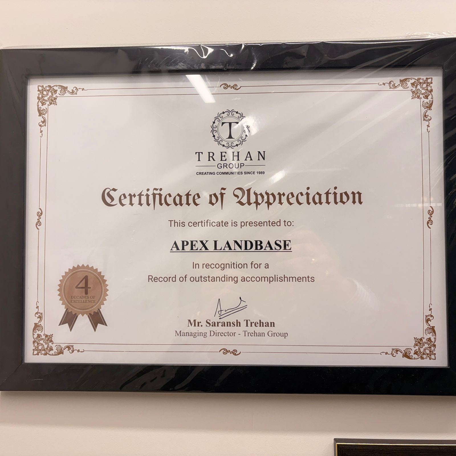 Trehan Group Certificate of Appreciation